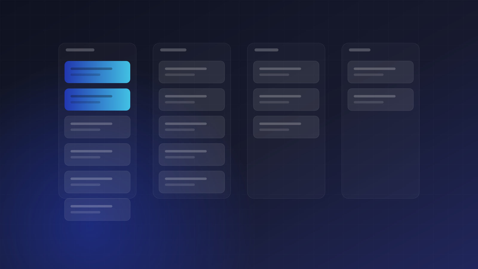 Four columns of content blocks, the leftmost full and each one after it holding fewer
